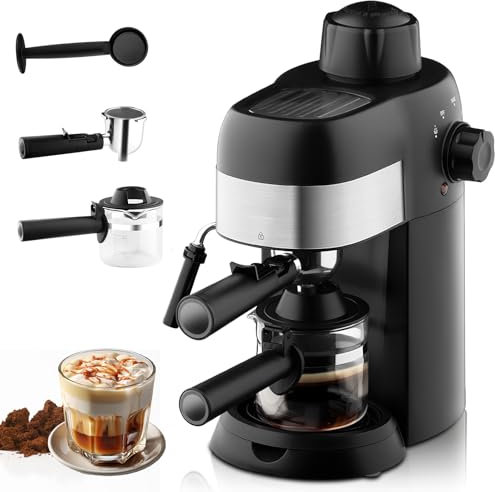 JOPWUE Machine expresso à pompe,Machine à Espresso avec Mousseur à Lait,Peut faire 4 tasses,Acier inoxydable,Espresso et cappuccino,800W,Réservoir D'eau Amovible,Cuillère à Mesurer Incluse