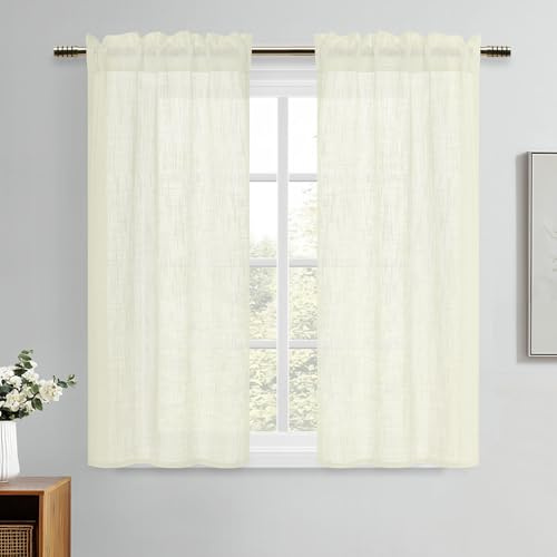 DWCN Beige Visillos Cortos de Lino, 2 Unidades, 120 x 60 cm (Alto x Ancho), semitransparentes, Modernas, para Cortinas de Cocina, rústicos, armarios, caravanas