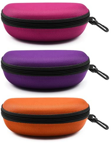3pcs Sunglasses Case, Portable Travel Zipper Hard Shell Eyeglasses Case with Plastic Hook Scratch Resistant Glasses Organiser Box (Orange Rose Red Purple)