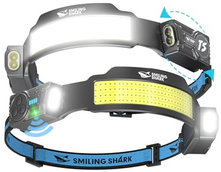 Smiling Shark Lampe Frontale, 2 Pièces Lampes Frontales LED Rechargeable Ultra Puissante avec 4 Faisceau Large & Spot Réglable Détecteur de Mouvement 2400 mAh 5 Modes pour Randonnée Pêche Camping