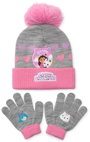 Gabby’s Dollhouse Girls Hat & Gloves Set – Official Kids Beanie & Gloves Winter Warm Knitted Acrylic Knitwear – Cosy Outdoor Clothing Gift for Ages 3-7 Years
