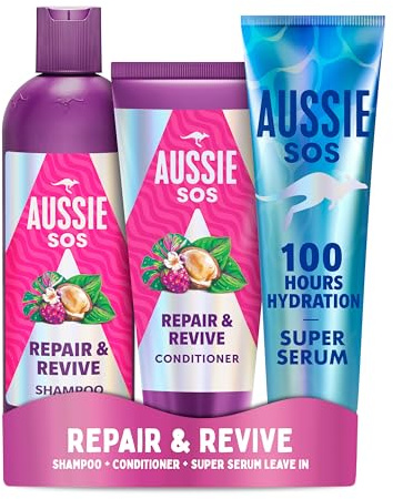 Aussie SOS Repair & Revive Shampoo & Conditioner Set & Super Serum Leave In | Repair & Revive Bundle for Dry, Damaged Hair. With Super Serum Leave In Hair Treatment for 100 hours of hydration