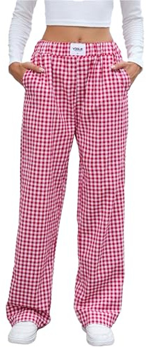 InfiniZer Pantaloni lunghi da donna in 100% cotone – Pantaloni da pigiama a quadretti con morbido elastico in vita, ampie gambe e pratiche tasche | Pantaloni perfetti per serate di benessere, Colore