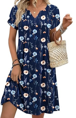 Zeagoo Vestido de Mujer para Verano Manga Corta Escote en V Elegant Vestido | Informal en A con Botones y Bolsillos S-XXL