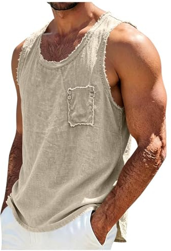 Mens Distressed Cotton Linen Tank Tops Sleeveless Crew Neck Vest Tops Frayed T-Shirts Lightweight Summer Vests Breathable Soft Loose Fit Solid Colour Casual Basic Tees with Chest Pocket
