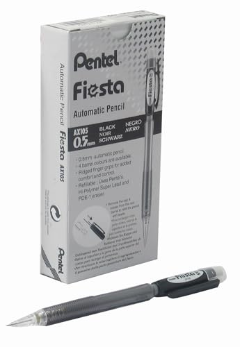 Pentel AX105-AO Fiesta automatisk blyertspenna, bly, klass HB, 1 förpackning med 12 pennor, svart fat 0,5 mm