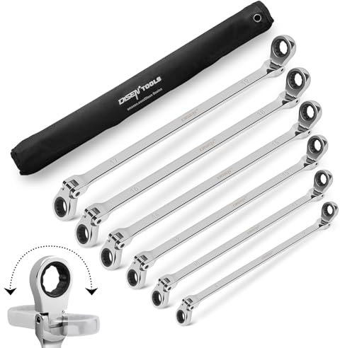 DISEN Extra Long Flex Head Ratcheting Wrench Set, 6Pcs Double Box End Long Reach Ratchet Wrench Set Metric 8-19mm, CRV Steel, with Pouch, Gifts for Father, Man