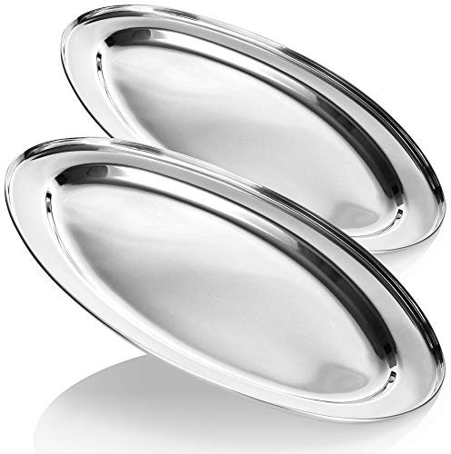COM-FOUR® 2X Bandeja de Acero Inoxidable para Servir - Bandeja Ovalada para Servir y Decorar - Bandeja de Acero (45x29cm - 2 Piezas)