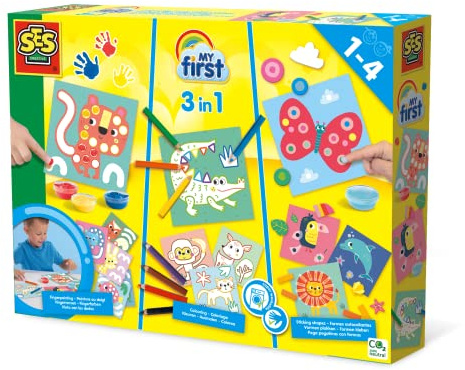 SES Creative My First - 3 en 1 Peinture au Doigt, Coloriage et Formes Autocollantes | Activité créative bébé | 3 en 1 | Lavable | pour les enfants | Plusieurs couleurs