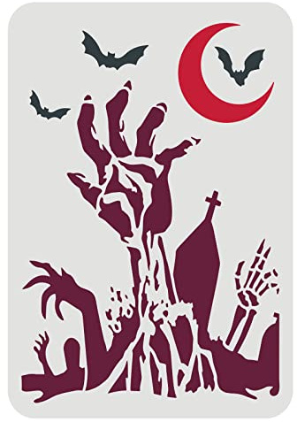 FINGERINSPIRE Pochoir Main Zombie 29,7 X 21 cm Pochoir Mains Zombie Pochoir Lune Chauve-Souris Tombe Mains Zombie Pochoirs Halloween pour Peinture sur Mur, Toile, Carrelage, Meubles et Papier