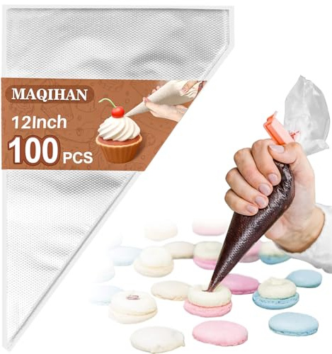 MAQIHAN 12Inch Piping Bags Disposable - 100 Pastry Bags Tipless Icing Frosting Bags Mangas Pasteleras Cake Cupcake Cookie Candy Chocolate Strawberry Decorating Baking Supplies Essentials Home Bakery
