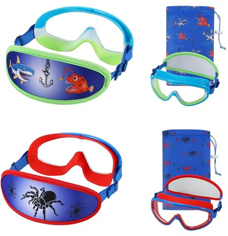 RUIGAO 2PK Swim Goggles,Kids Goggles Fabric Strap, Red Spider/Blue Shark Boy Girls Swimming Mask for Kids 4-7