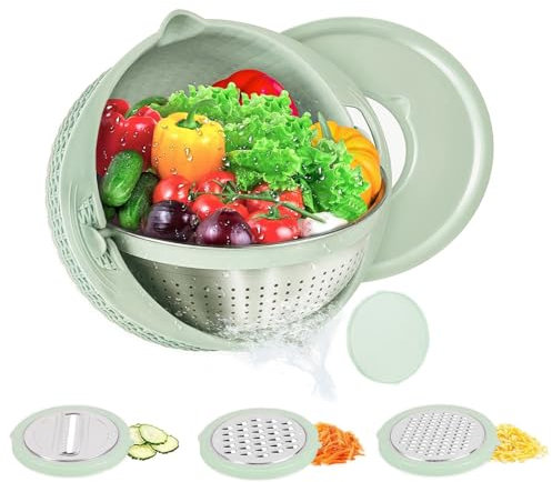 Bugucat Sieb Küche 4 in 1 Multifunktions Küchensieb Obstsieb Nudelsieb Edelstahl mit 3 Reibe Küchen Abtropfsieb fur Gemüse und Obst Einweichen Waschen und Abtropfen Lassen