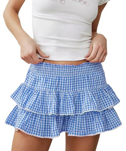 Women's Cute Gingham Tiered Ruffled Mini Skirt Plaid Smocked Waist Pleated A-line Short Skirts Y2K Going Out Streetwear (A Blue, XL)