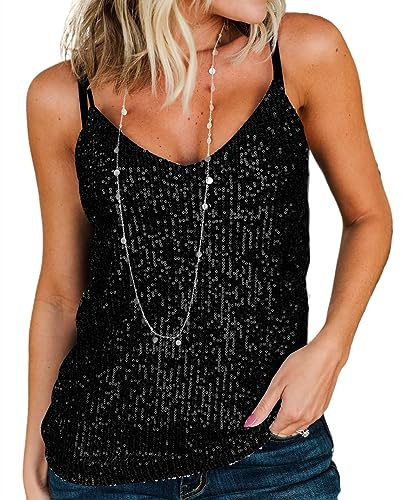 AirMood Women Sexy Scoop Neck Sparkle Shimmer Tank Vests Sequins Tops Disco Sequin Tank, Noir, S