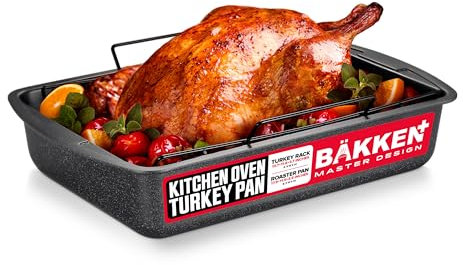 BAKKEN Nonstick Turkey Roasting Pan with Rack – 17 X 13 inch, Large Heavy-Duty Carbon Steel Roasting Pan, Wide Handles, Versatile for Baking, Grilling, & Roasting, Oven Safe Up to 450°F, Gray Marble