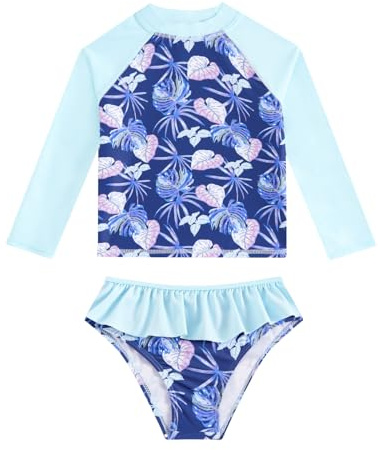 WYTbaby Maillot de bain 2 pièces avec protection UV pour filles - Maillot de bain sirène à manches longues - Maillot de bain pour fille - Pour l'été et la plage - Pour 4 à 10 ans, Plante bleue., 5-6