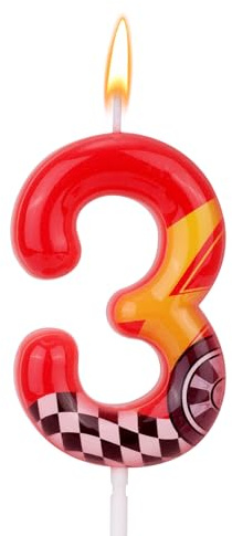 Candela Compleanno a Tema Auto Corsa, Candela Rossa con Numero a Forma Fulmine Decorazioni Perfette per Torte e Decorazioni per Feste Compleanno Anniversario e Tema(Numero 3)