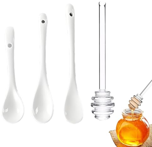 3 cucchiaini in porcellana con bicchiere di miele, cucchiaino bianco e mescolatore di miele trasparente, piccoli cucchiai per caffè, tè, dessert miele marmellata (3)