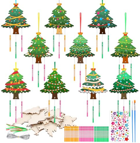 SRIZIAN 10 Pièces Kit Bricolage Carillon à Vent, Kit de Bricolage en Bois pour Enfants Arbre de Noël en Bois à Peindre Décoration de Arbre de Noël