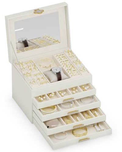 ADEL DREAM 5-stöckige Schmuckkästchen mit Kleeblatt-Knopf Schmuckaufbewahrung mit ausziehbarem Tablett Schmuck Organizer mit großem Spiegel,DIY verstellbare Fächer,für Mütter und Mädchen Weiß
