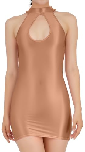 AIEOE Dam olja miniklänning kvinnor ärmlös bodyconklänning glansig underkläder nackhållare klubbkläder stretchig höftklänning, BRUN, L
