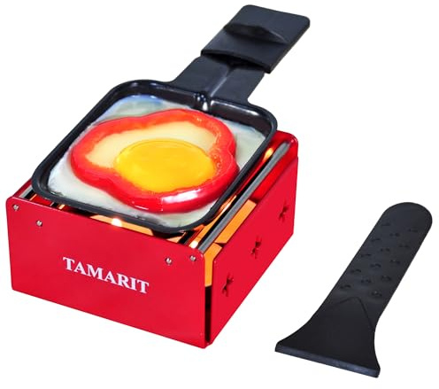 TAMARIT Personal Raclette Grill- Portable Candlelight Raclette Cheese Melter with Non-Stick Pan & Spatula - Small Raclette Machine for One Person, Picnic, Camping & Home, Red