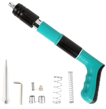 Pistolet à Clous en Acier,Outil de Pistolet à Clous,Pistolet à Rivet,Pistolet Pneumatique pour Acier et Béton,Silencieux,5 Vitesses,Outil de Fixation Murale pour Mur en Ciment (Bleu+100 Les clous)