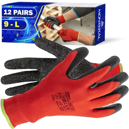 MONTERAL 12 Pares Guantes de Trabajo Talla 9 L Protección Cat II Recubiertos de Látex Anti-Slip - Guantes Trabajo Hombre y Mujer Pueden Usarse para Obra Taller Mecanico Jardineria Montaje