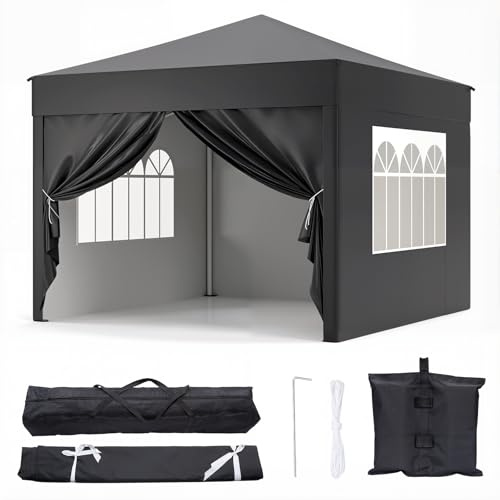 10x10 Pop Up Canopy Tent with 4 Removable Sidewalls - Heavy Duty Instant Shelter with 4 Sandbags & Carry Bag - Waterproof Gazebo for Vendor Markets, Outdoor Events, Camping & Backyard (Black)