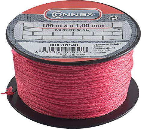 Connex Maurerschnur pink - 100 m Länge - Ø 1,0 mm - Polyester - Knotenfest - Reißfest & Belastbar - Auf Spule / Richtschnur / Bauschnur / Lotschnur / Pflasterschnur / COX781540