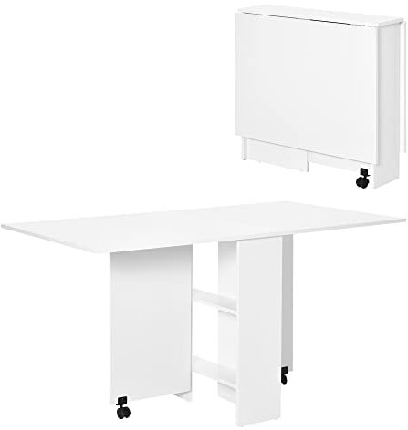 HOMCOM Mesa Plegable de Comedor Mesa de Cocina Plegable con Ruedas Alas Abatibles y Estantes para 4-6 Personas 75x140x74 cm Blanco