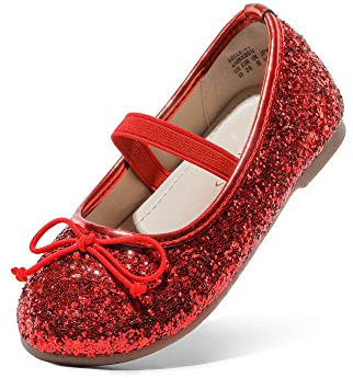 DREAM PAIRS Girls Flat Shoes Glitter Bow Party Wedding Flower Sparkly Ballet Flats,RED Size 6 UK Child
