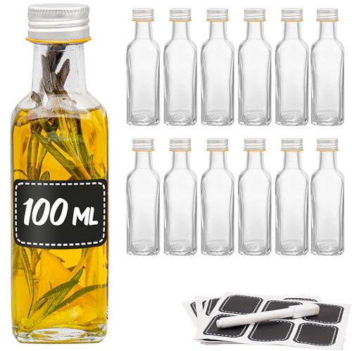 Praknu 12 Bouteilles Verre 100ml avec Bouchon a Vis - Bouteille avec 12 Étiquettes et Marqueur - Bouteille Vide Verre pour Liqueurs, Huile, Vinaigrette