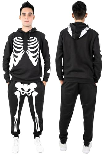 NOROZE Unisex Mens Halloween Skeleton Tracksuit Set Womens Skull Bones Printed Tracksuit 2 piece set Hoodie With Joggers Pants Adult Jumpsuit(XXL, Skeleton Black)