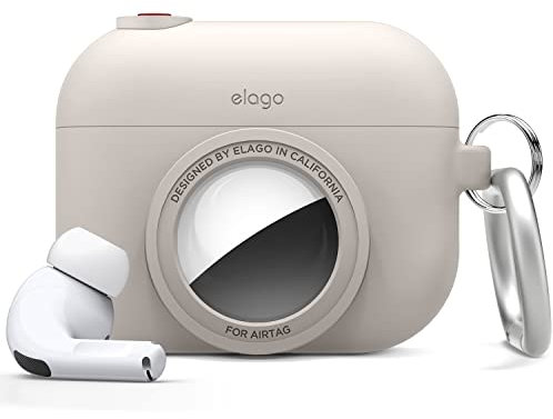 elago Funda Snapshot Compatible con AirPods Pro y Compatible con AirTag, Diseño de Cámara, Funda de Seguimiento, Llavero Incluido [Dispositivo de Seguimiento No Incluido] (Piedra)