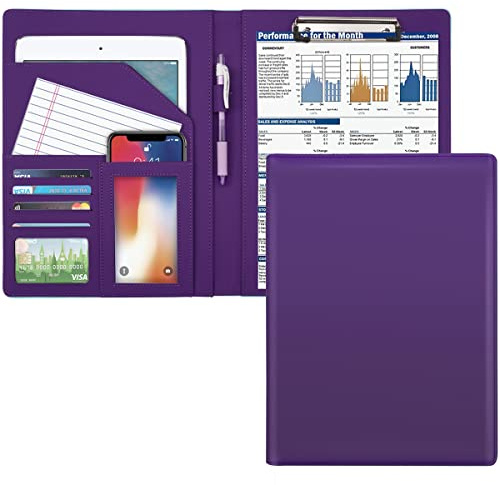 WAVEYU Resume Portfolio Folder, Padfolio Clipboard, Writing Portfolio Leather Clipboard with Cover for Legal Pad Holder Letter Size A4 for Business Conference Notepad Clip Boards, Purple