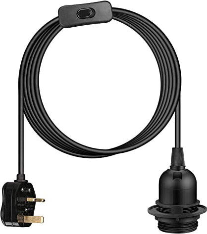 Teynewer Ceiling Pendant Light Fitting, E27 Screw Lamp Holder with Switch Suspended & Lock Ring for Shade, 2 Core Extension Cable UK Plug Pendant Light Fitting Kit (3m, Black)