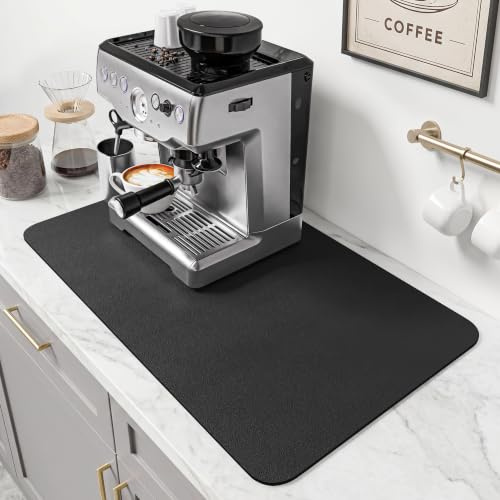 PoYang 24x16 Coffee Mat Large, Coffee Bar Accessories for Countertop, Absorbent Dish Drying Mat, Anti-Slip and Hide Stain Pad for Espresso Machine, Espresso Maker and Kitchen Counter, Black