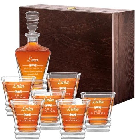 Maverton Caraffa 800 ml con 6 Bicchieri Whisky in Vetro 280 ml - Incisione Personalizzata - Bicchiere Cristallo per Lui - Idea Regalo Uomo Compleanno - Festa del Papà - Papillon