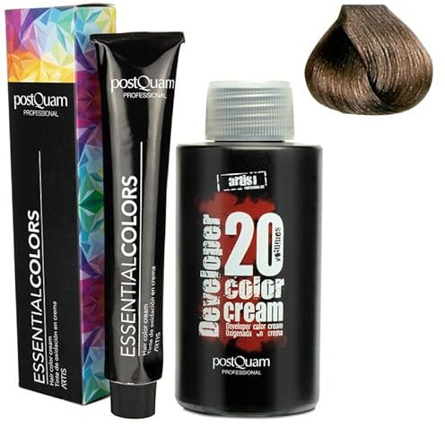 PostQuam - Pack de 3 Tinte de Peluqueria Profesional + Agua Oxigenada en Crema de 20 VOL | Tinte Permanente 100% Cobertura de Canas Garantiza Color Natural Uniforme y Duradero