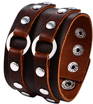 JewelryWe Pulsera Hombre Ancha de Cuero con Tachuelas y Tres Cierres Ajustables, Biker Masculina de Tejido Cruzado, Estilo Punk Rock, Gótica Envolvente, Regalo para Hombre