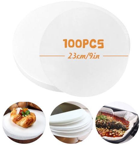 Roucerlin 100 Pcs Parchment Baking Paper Circle, 9 Inch Round Non-Stick Greaseproof Paper Sheets, Silicone Oil Coated Cake Tin Liners for Air Fryer Oven Pan Cooking Steaming (White)