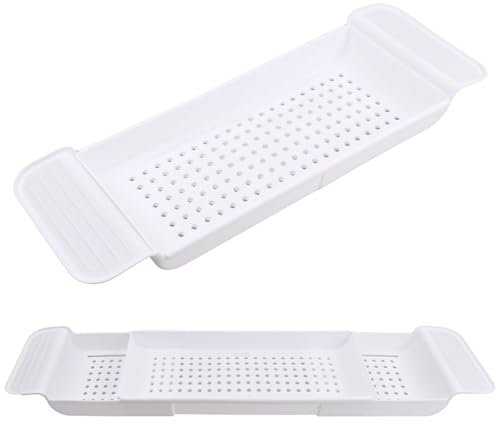 Plateau de Baignoire en Plastique Extensible avec Design d'écoulement pour Verres à vin, tablettes, téléphones d'aromathérapie, Peignes, Bougies, Produits de Bain (Blanc)