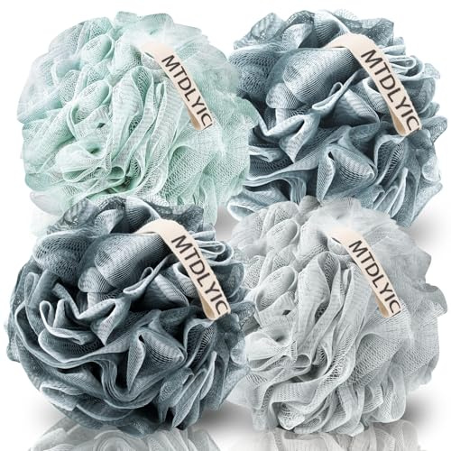 MTDLYICE Lot de 4 grandes éponges en luffa XXL - 100 g - En maille douce - Pour homme - Gommage corporel - Accessoires de bain pour le gel douche - Bleu gris