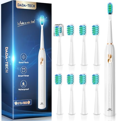 Spazzolino elettrico per adulti con setole arrotondate al 90%, spazzolino sonico ricaricabile con 5 modalità di pulizia, timer da 2 minuti e 9 testine di ricambio per il promemoria(Bianco)