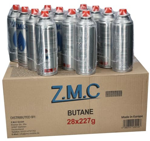 ZMC 28x Butan Gaskartuschen 227g mit Ventil Typ MSF-1a, Universal Butangas Kartuschen mit Bajonett Anschluss Gaskartusche für Campingkocher, Gasheizung, Gasbrenner, Unkrautbrenner, Lötbrenner