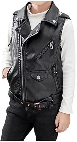 Lederweste Kinder Junge Mädchen Motorradjacke Ärmellos mit Reißverschluss Gürtel Mode Softshelljacke Weiche Übergangsjacke Wasserdicht Einfarbige Mantel (Black, 9-10 Years)