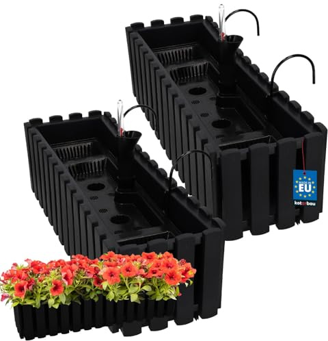 KOTARBAU® 2er Set Blumenkasten Balkon - Blumentopf Selbstbewässernd - 58x18x16cm - Anthrazit - Kunststoff - Blumentopf Balkongeländer - Bewässerungssystem - Blumenkastenhalterung - Pflanzkübel Groß