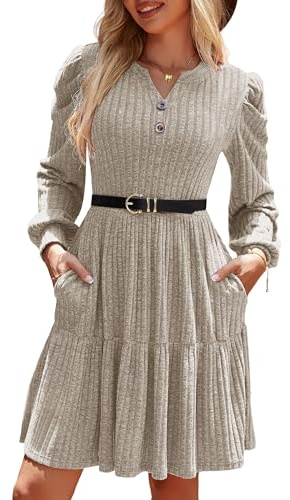 UEAL Womens Fall Dresses Casual Cute Long Sleeve Fit and Flare V Neck Winter Dress Small Khaki